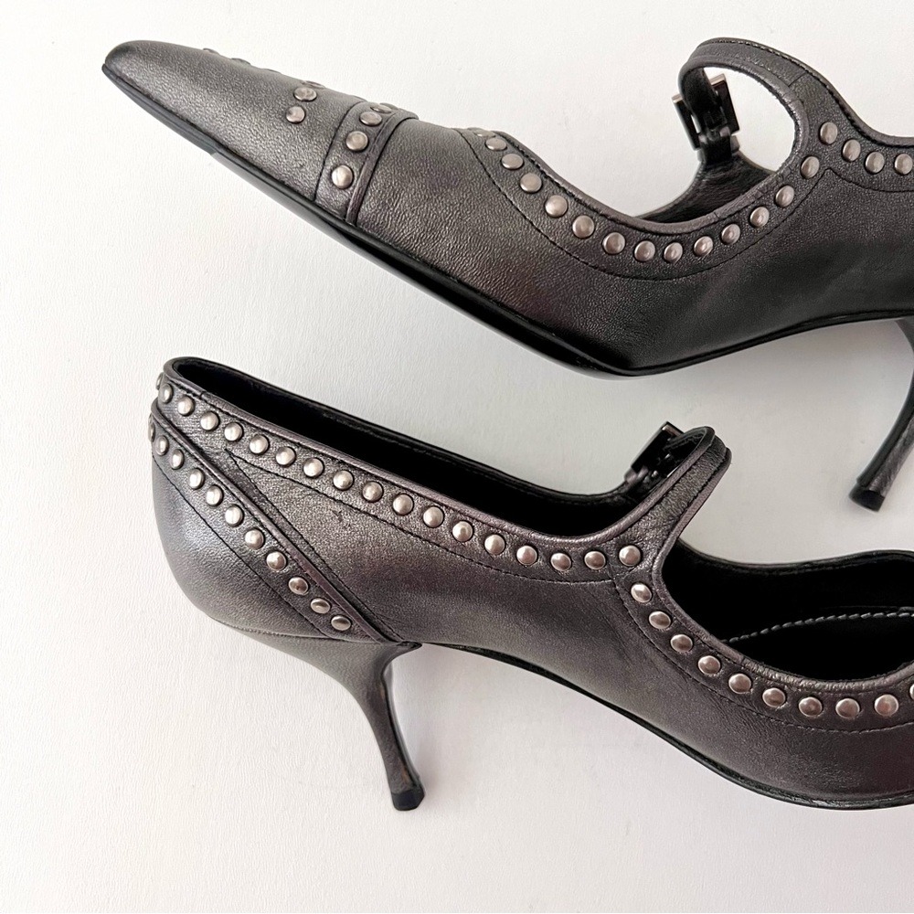 New PRADA | Dark Gray Metallic Studded Mary Jane Pointed Pumps Heels EU 38 New - Picture 8 of 15